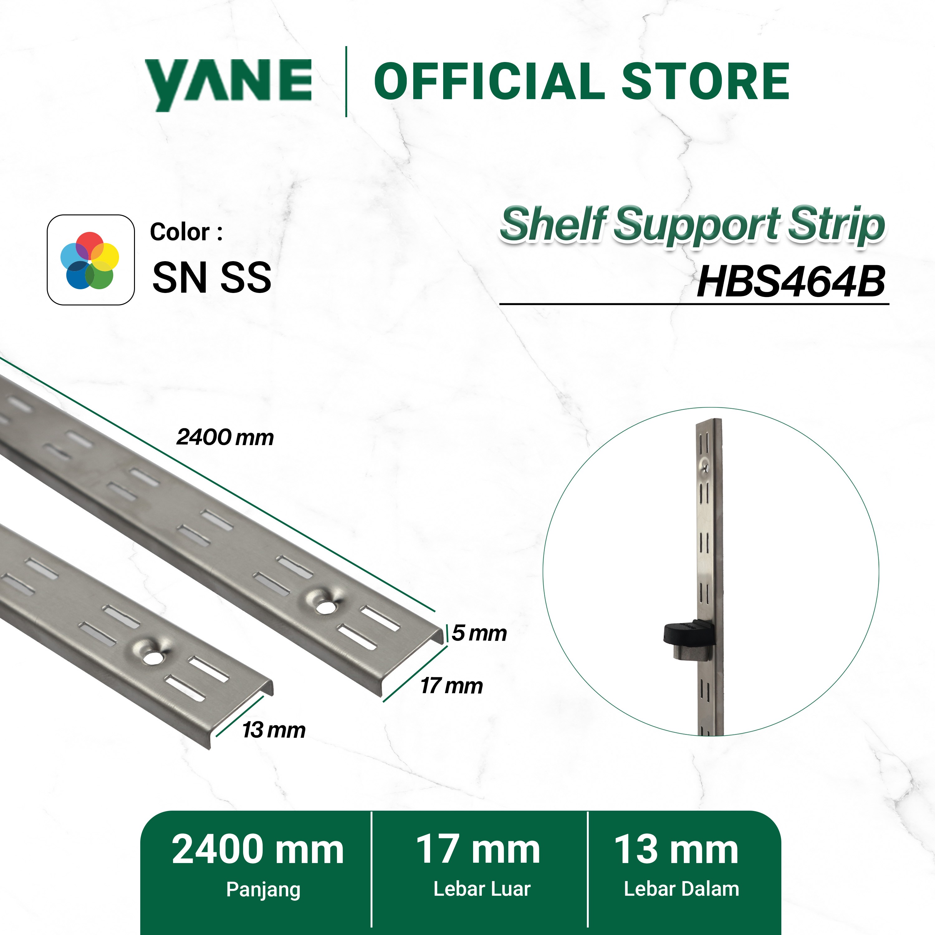 Shelf Support Strip with 13mm Intervals HBS46B 2.4M Yane SN Stainless Steel